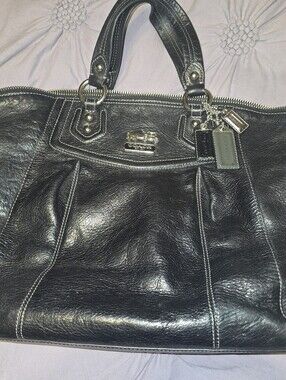 Coach Black Leather Satchel / Tote Bag – Purple Interior
